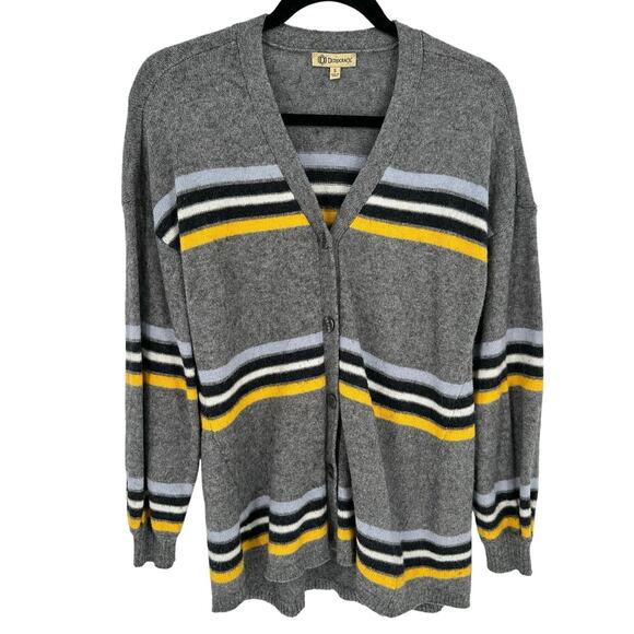 Democracy Gray Yellow Striped Cardigan Long Sleeve V-Neck Ribbed Soft Winter S - Picture 1 of 8